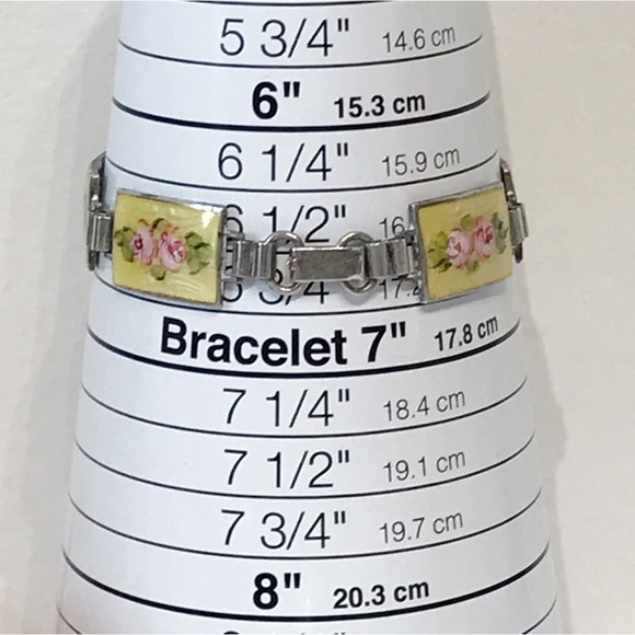 Sterling Silver Guilloche Vintage Rose Enamel Link Plate Bracelet 6.5" Cottage - Picture 16 of 16